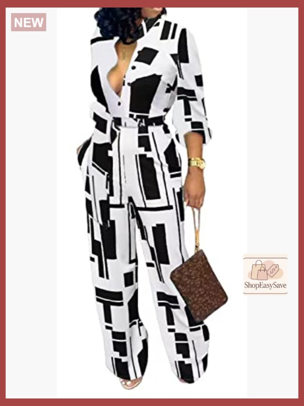 Women V-Neck Long Sleeve Jumpsuit Casual Stretchy Party Romper with Pockets - Picture 3 of 5